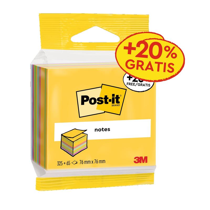 Post-it® Notes Cubes, Ultra Colors, 76 mm x 76 mm, 20 % gratis kampagne, 390 ark/pude, 1 pude/pakke, 100 % PEFC, SGSCH-PEFC-COC-110078 | Pakke (1 sæt)