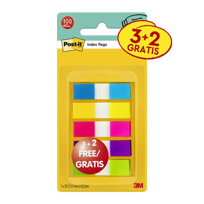 Post-it® Index selvklæbende strimler, mini, assorterede farver, 11,9 mm x 43,2 mm, promovering, 60 selvklæbende strimler + 40 gratis/dispenser, 1 dispenser/pakke | Pakke (5 stk.)