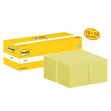 Post-it® sedler, gul, 76 mm x 76 mm, kampagne, 100 ark/pude, 12 puder + 12 gratis/pakke, papemballage, 100 % PEFC, SGSCH-PEFC-COC-110078 | Pakke (24 stk.)