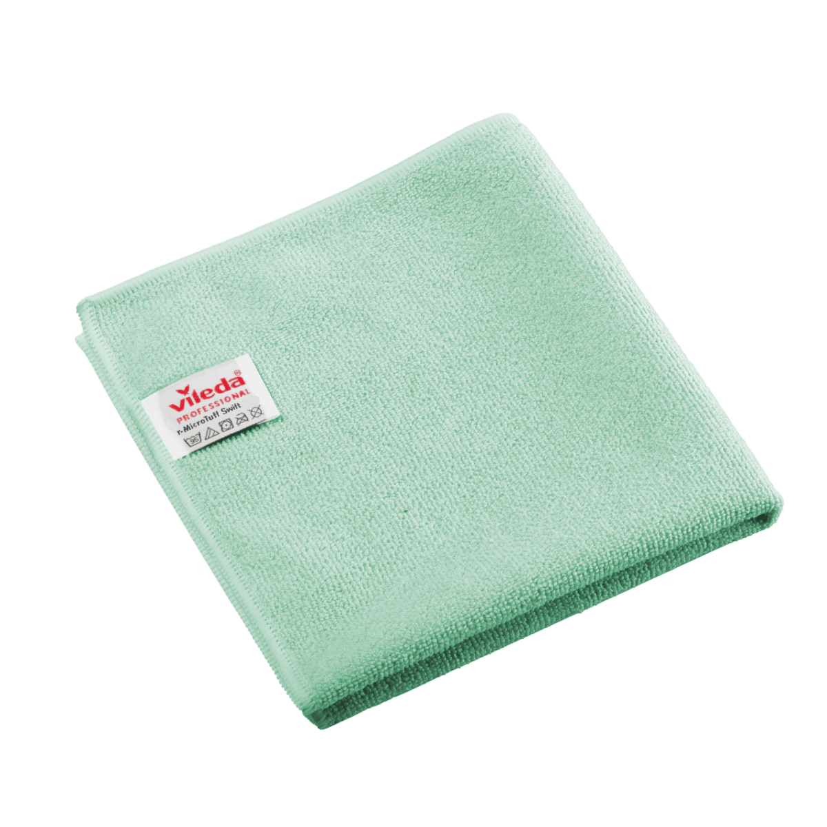 Et foldet, grønt Vileda Professional r-MicroTuff Swift mikrofiberklud med en indsyet hvid etiket.