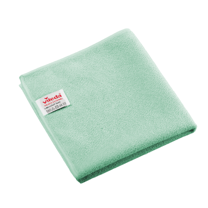 Et foldet, grønt Vileda Professional r-MicroTuff Swift mikrofiberklud med en indsyet hvid etiket.