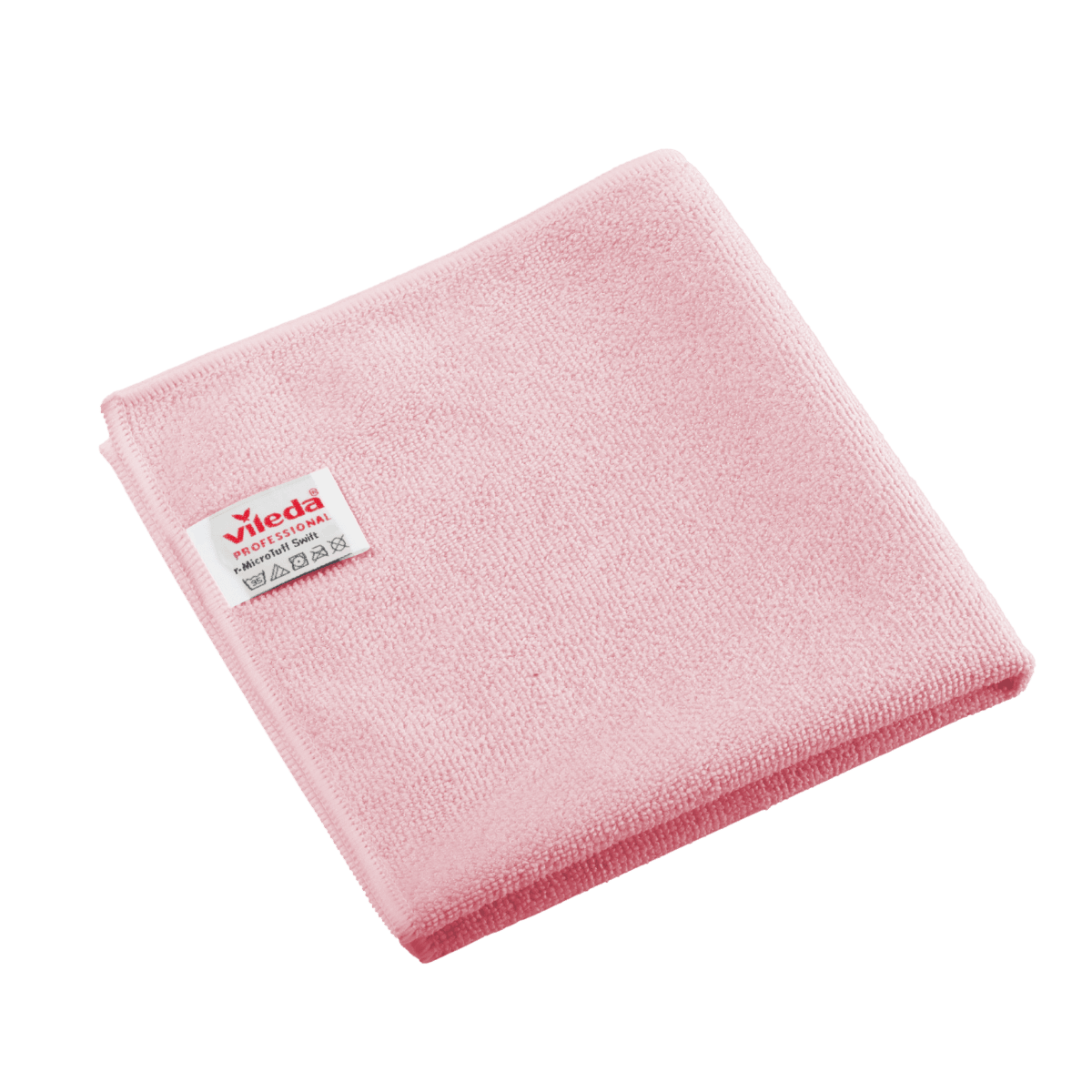 Et foldet rødt Vileda Professional r-MicroTuff Swift mikrofiberklud med indsyet hvid etiket.