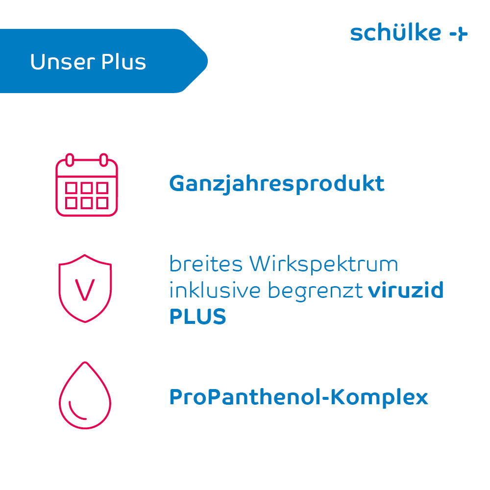 Billedet er en reklamegrafik med tysk tekst og tre symboler. Teksten lyder "Vores Plus", "Årsprodukt", "bredt virkningsspektrum inklusive begrænset virucid PLUS" og "ProPanthenol-kompleks". Det præsenteres af Schülke & Mayr GmbH, med fokus på hudplejeformlen for Schülke desmanol® care hånddesinfektionsmiddel.