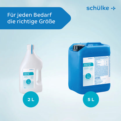 Billedet viser to beholdere Schülke gigasept® instru AF instrumentdesinfektion (aldehydfri) med Schülke & Mayr GmbH-logoet. Den venstre beholder, ideel til endoskoprengøring, rummer 2 liter og er hvid med blå etiket, mens den højre beholder rummer 5 liter og er blå med hvid etiket. Begge står på en lyseblå baggrund. Teksten lyder "Den rigtige størrelse til ethvert behov."