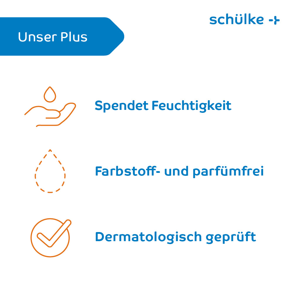 Billedet viser en tysk hudplejeproduktetiket fra "Schülke & Mayr GmbH". Den fremhæver tre fordele: "Fugter" med et håndsymbol, der holder en dråbe, "Farve- og parfumefri" med en stiplet dråbeomrids og "Dermatologisk testet" med et flueben-symbol. Ideel til intensiv pleje er Schülke sensiva® dry skin hudbalsam.