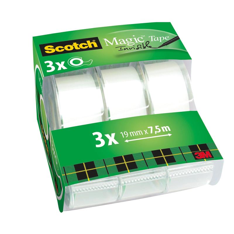 Scotch® Magic™ usynlig tape 3 ruller 19 mm x 7,5 m med hånddispenser | Pakke (3 ruller)