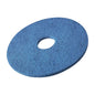 Das Bild zeigt ein blaues rundes Pad mit einem Loch in der Mitte, ähnlich den Vileda Professional DynaCross Superpads Bodenscheiben von Vileda GmbH. Es ist ideal zum Polieren und Polieren von Böden und verfügt über eine strukturierte Oberfläche, die perfekt für die intensive Bodenpflege geeignet ist und eine effektive Reinigung und verbesserte Maschinenstabilität gewährleistet.