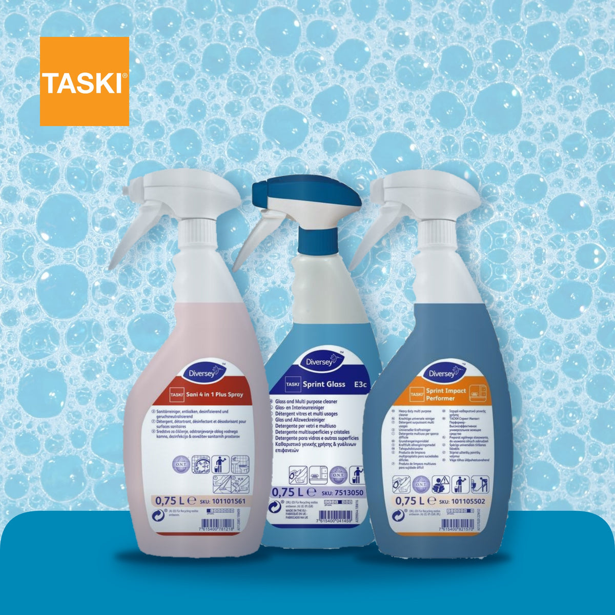 TASKI Sprühflaschen von Diversey: Sani 4 in 1 Plus Spray, Sprint Glass und Sprint Impact Performer