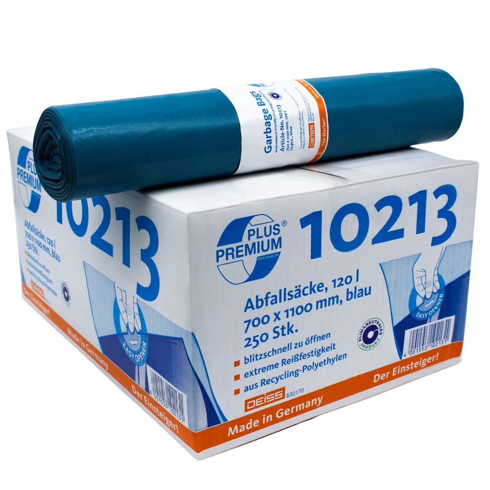 I en kasse med påskriften „DEISS Premium Plus® Typ-60 affaldsposer 10213“ og tysk specifikation er der klimaneutrale blå affaldsposer lavet af genbrugsmateriale. Øverst er der et billede af en rulle poser. Poserne har en kapacitet på 120 liter, og der er 250 styk i kassen. Fremstillet af EMIL DEISS KG (GmbH + Co.) i Tyskland.