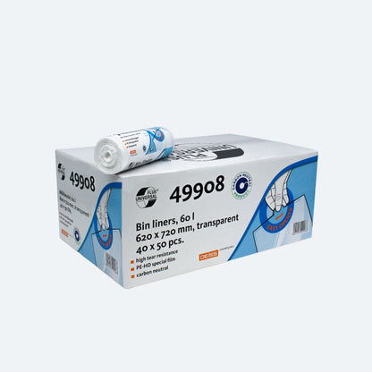 En kasse og en rulle gennemsigtige DEISS Universal Plus® affaldsposer 60 liter med påskriften "49908", fremstillet af EMIL DEISS KG (GmbH + Co.). Kassen indeholder 40 ruller med en kapacitet på hver 60 liter og dimensionerne 620 x 720 mm. Emballagen, der er lavet af HDPE, er kendetegnet ved egenskaber som høj rivstyrke og CO2-neutralitet.