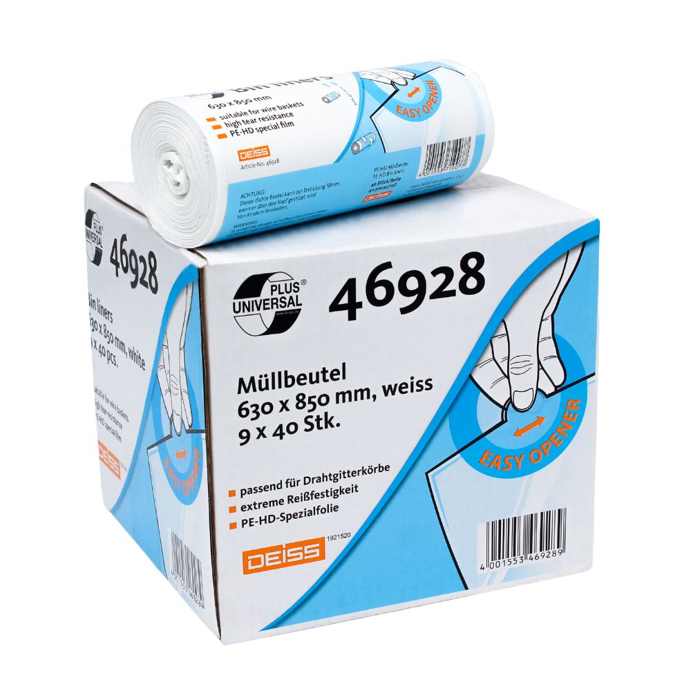 Produktet er en pakke DEISS Universal Plus® affaldssæk 80 liter, 46928 fra EMIL DEISS KG (GmbH + Co.), med en kompakt rulle ovenpå. Den rivefaste affaldspose med dimensionerne 630 x 850 mm indeholder 40 sække på 9 ruller og har funktionen "Easy Opener", hvilket gør den ideel til trådskraldespande.