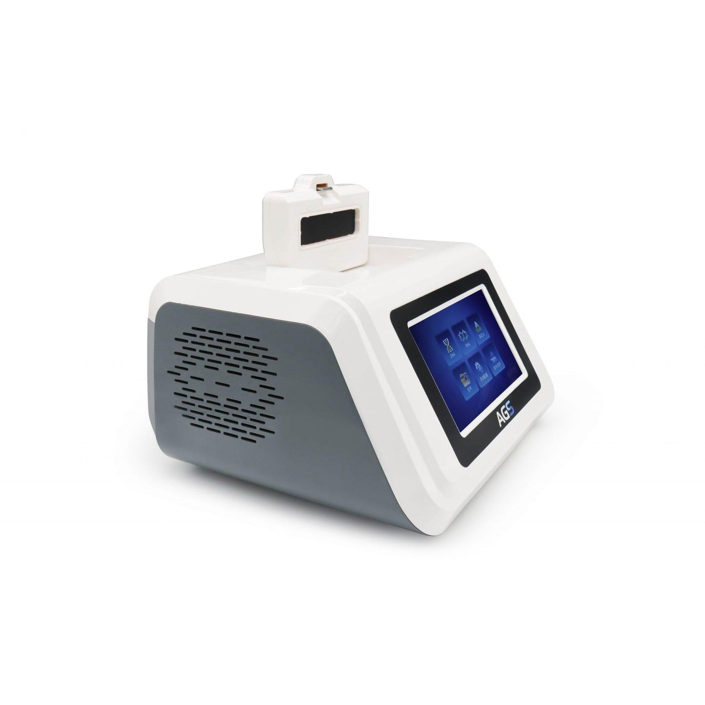 En moderne bærbar Altruan PCR Pure Kit-enhed med komplet udstyr med digital touchskærmsgrænseflade og tilsluttet sensor, designet til diagnostiske formål, isoleret på hvid baggrund.