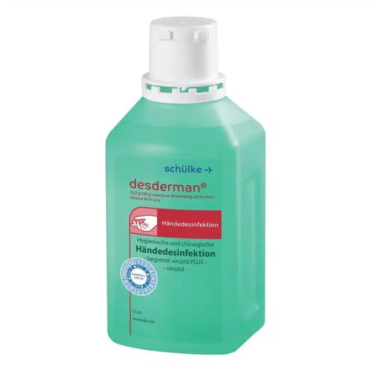 En flaske Schülke desderman® hånddesinfektionsmiddel. Beholderen er lysegrøn med hvid prop, og etiketterne indeholder brugsanvisninger og logoer. (Varemærke: Schülke & Mayr GmbH)