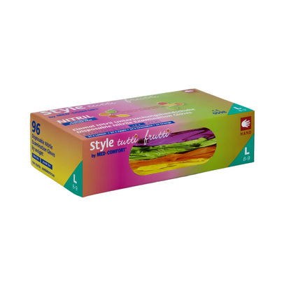 En rektangulær æske med AMPri Med-Comfort farverige nitrilhandsker fra AMPri Handelsgesellschaft mbH. Den flerfarvede æske har et klart vindue, gennem hvilket de puderfrie, kemikaliebestandige nitrilhandsker indeni er synlige. Etiketten angiver størrelsen L (8-9) og indeholder 96 handsker.